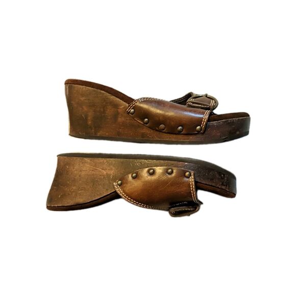 Steve Madden Drill Wood Wedge Leather Open Slip-On Sandals Platform Buckle 7B - Picture 2 of 12